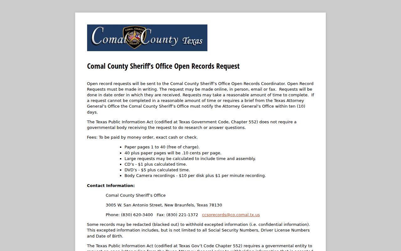 Comal County warrant search records request form interface