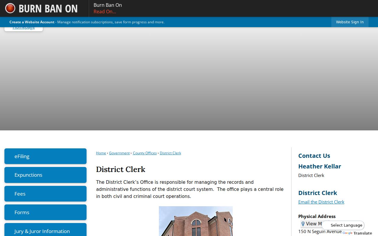 Comal County warrant search source, District Clerk records page