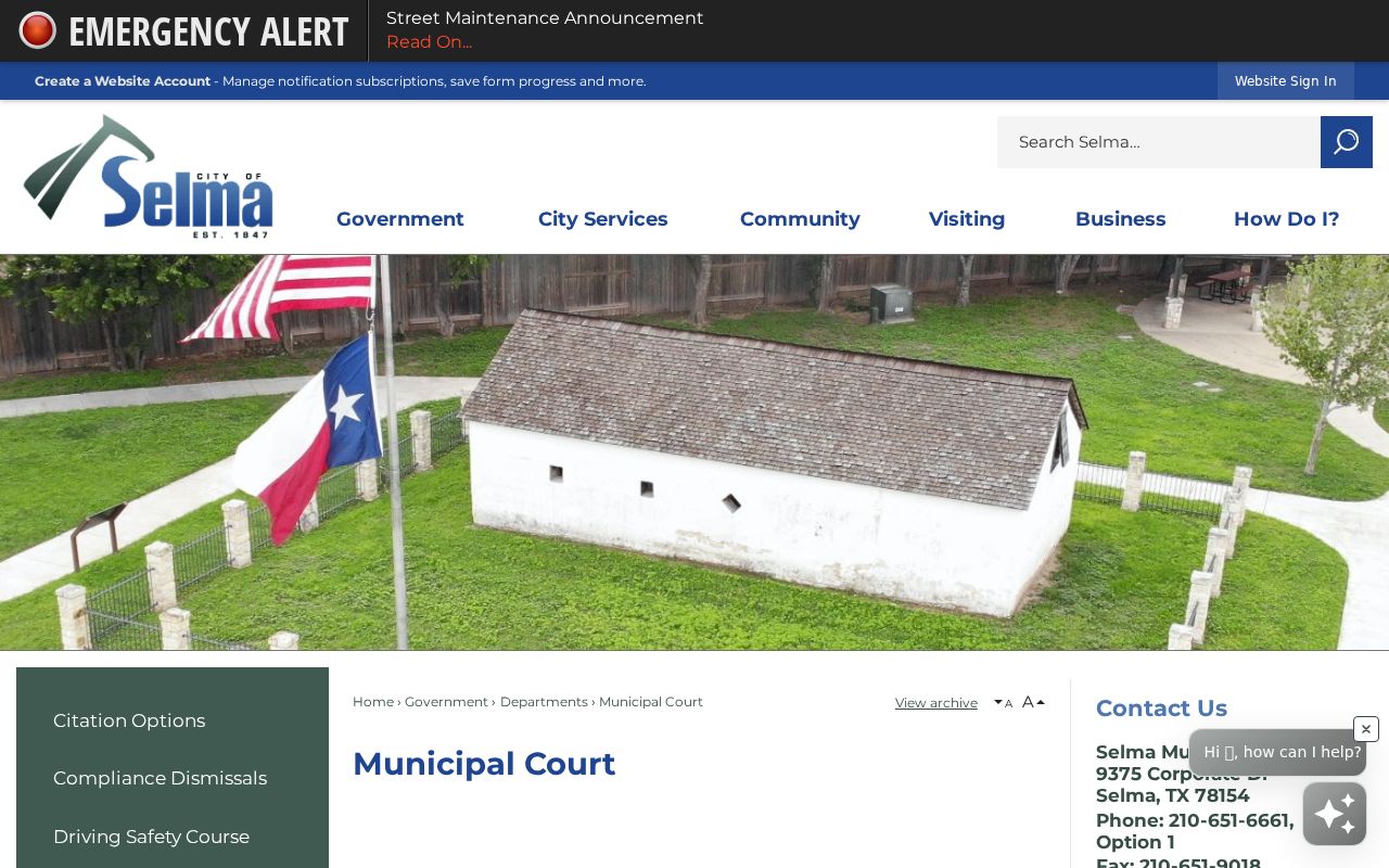 Selma warrant records source, court page with Warrant Clerk contact
