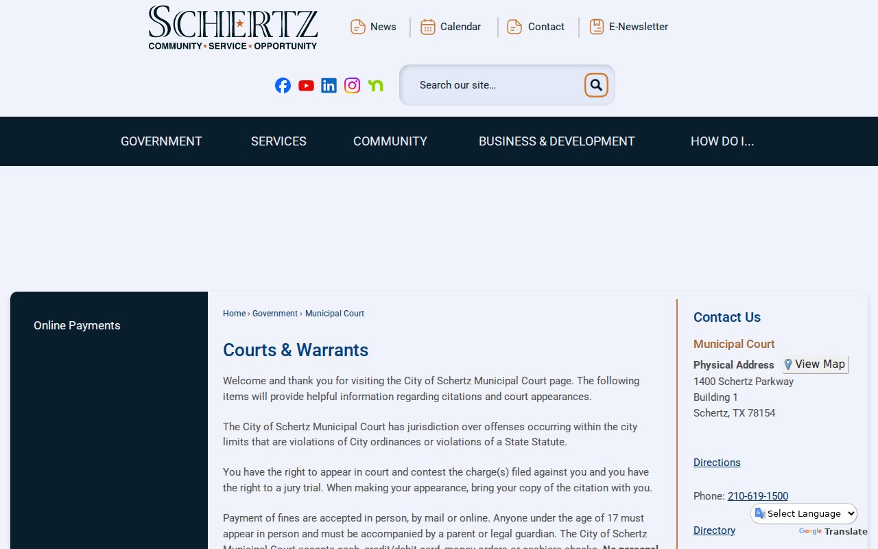 Schertz warrant records source, Municipal Court warrant information page