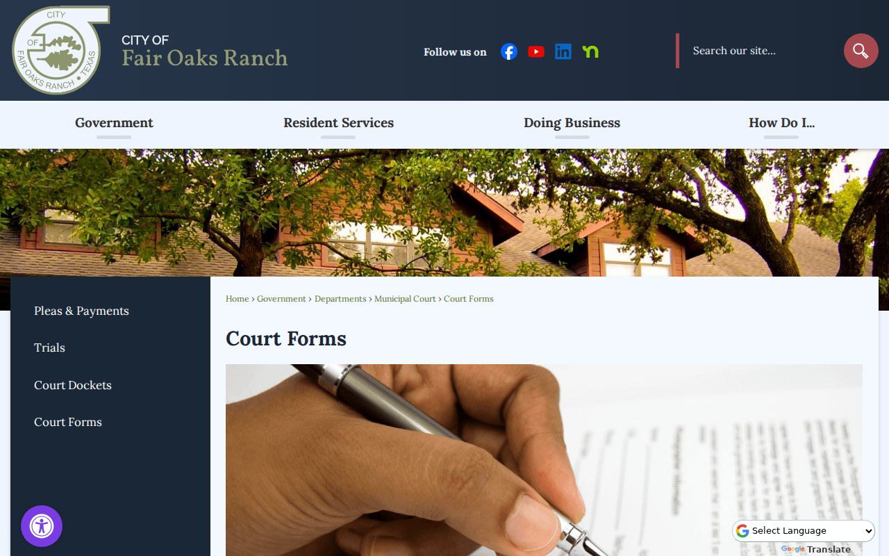 Comal County warrant records source, Fair Oaks Ranch Municipal Court forms page