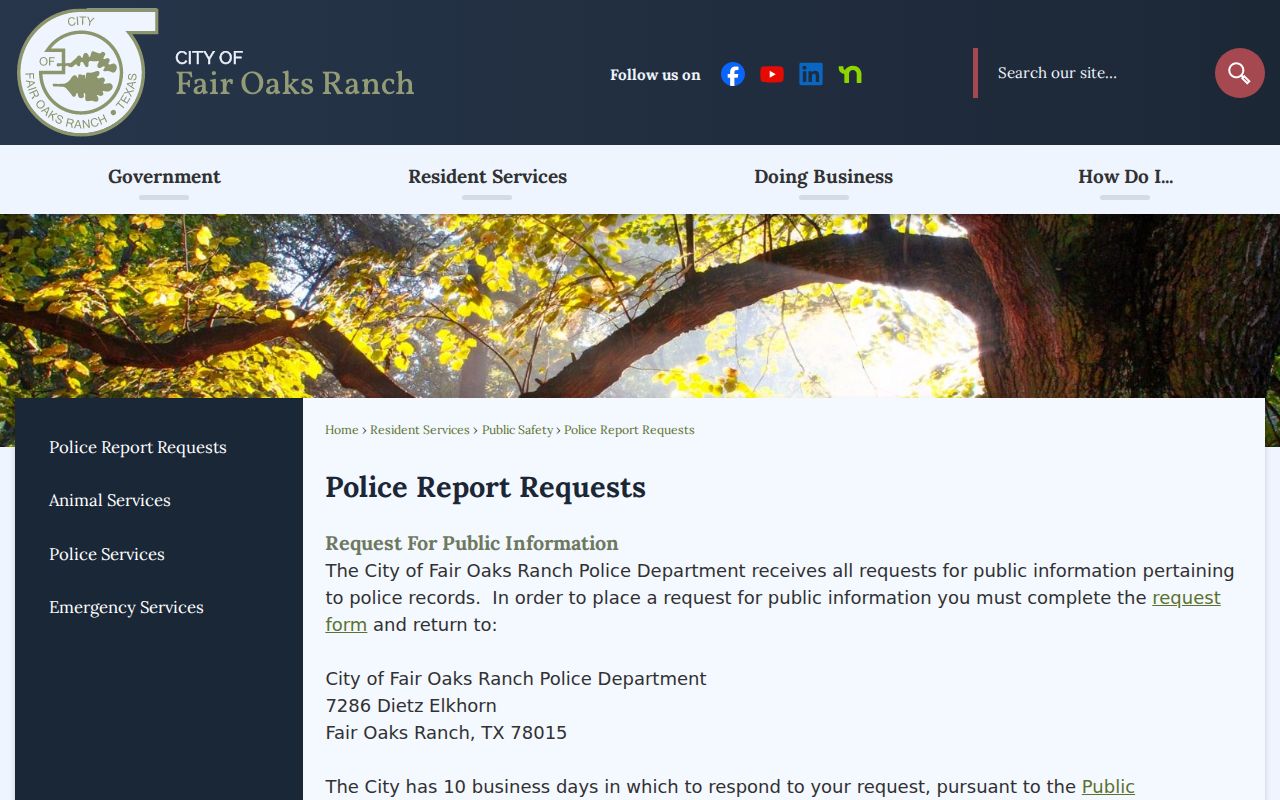 Comal County warrant records source, Fair Oaks Ranch Police public-information request page