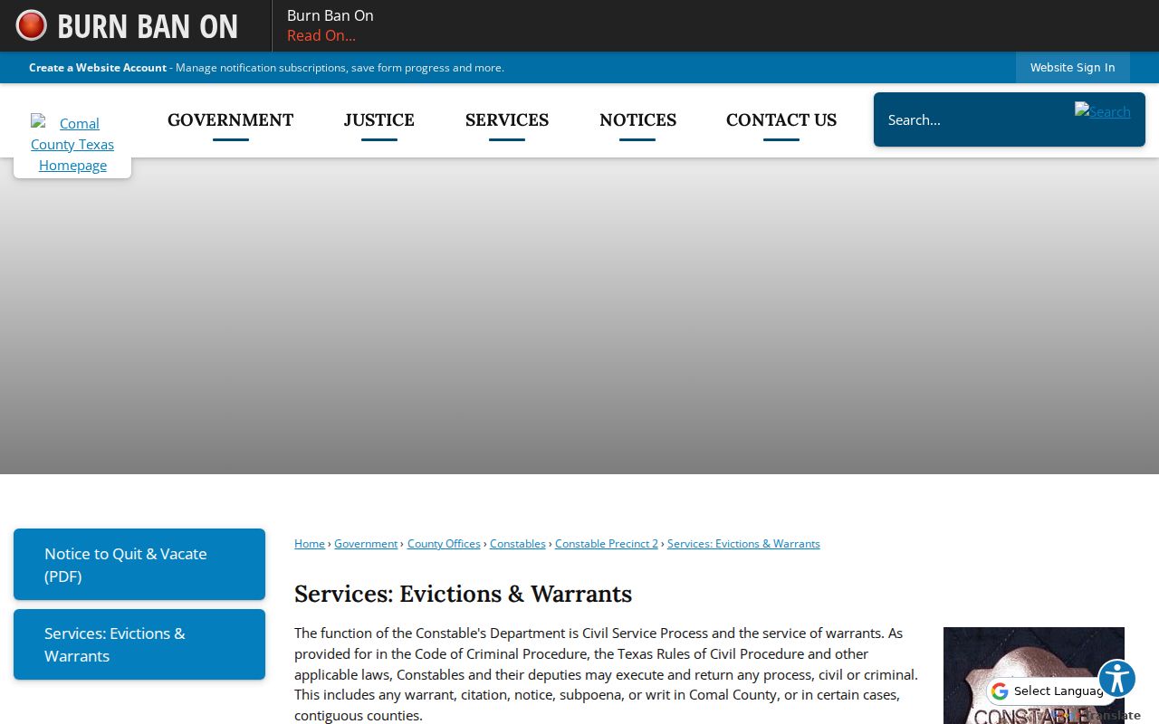 Comal County warrant records source, Constable warrant service page