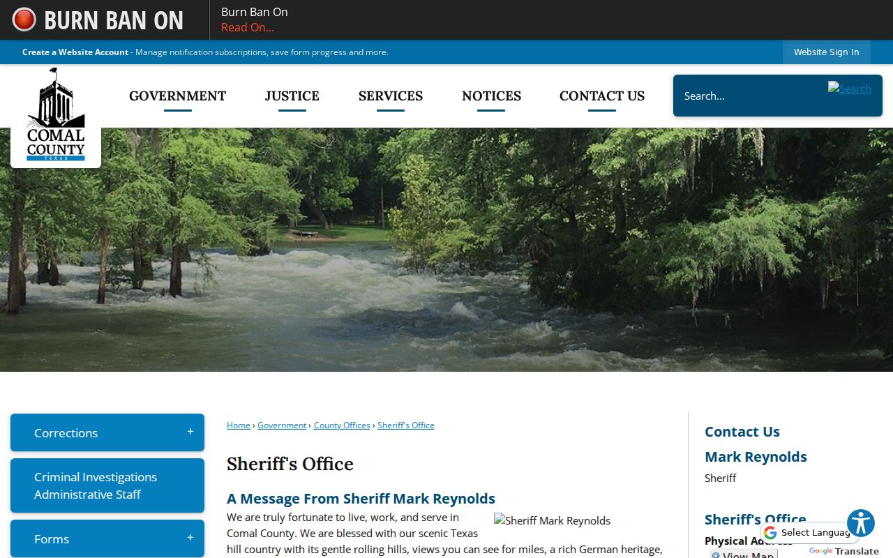 Comal County warrant records source, Sheriff's Office service page